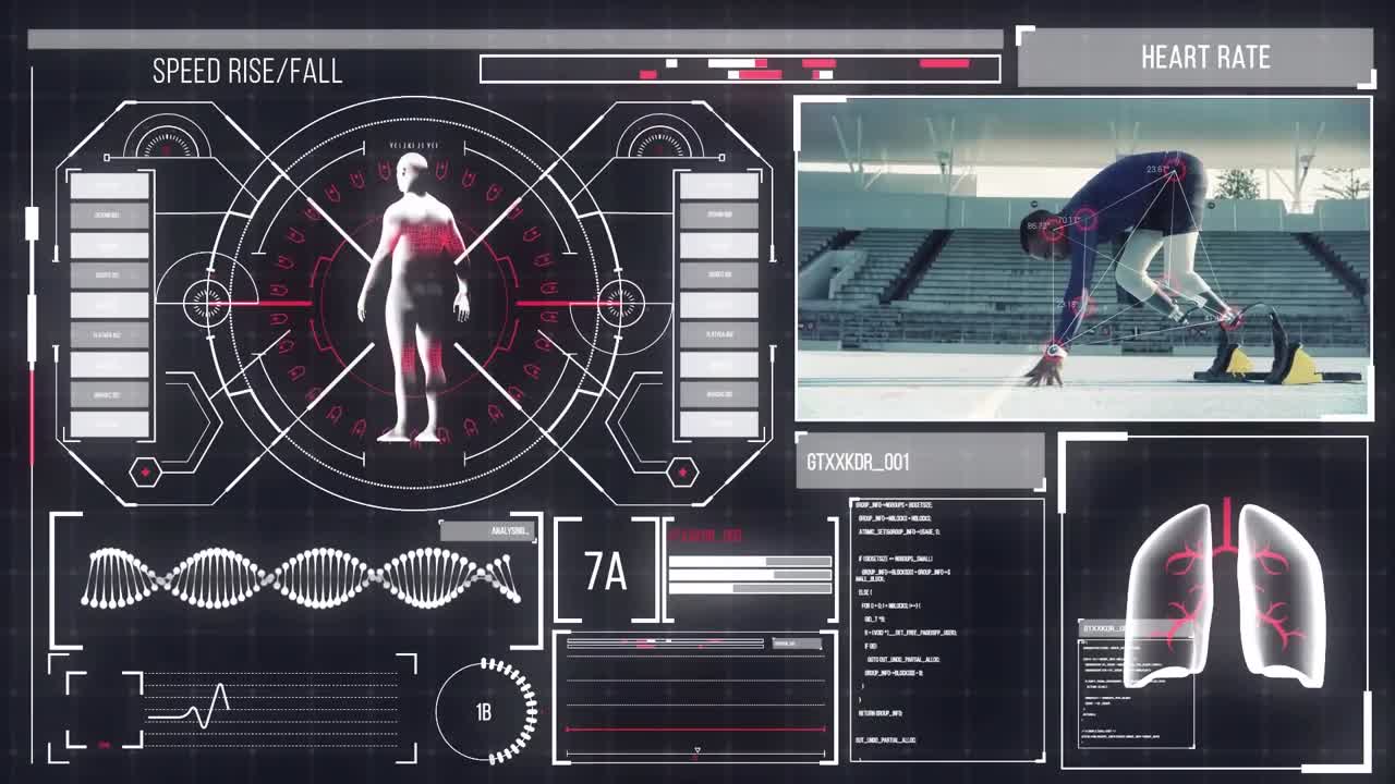 강한 남자가 운동하는 디지털 인터페이스의 애니메이션