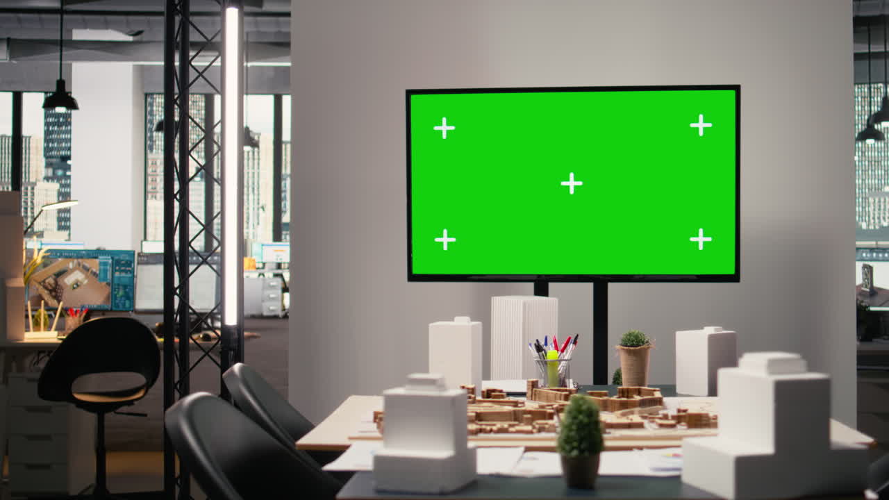 Clean workspace designed for property development with green screen on TV