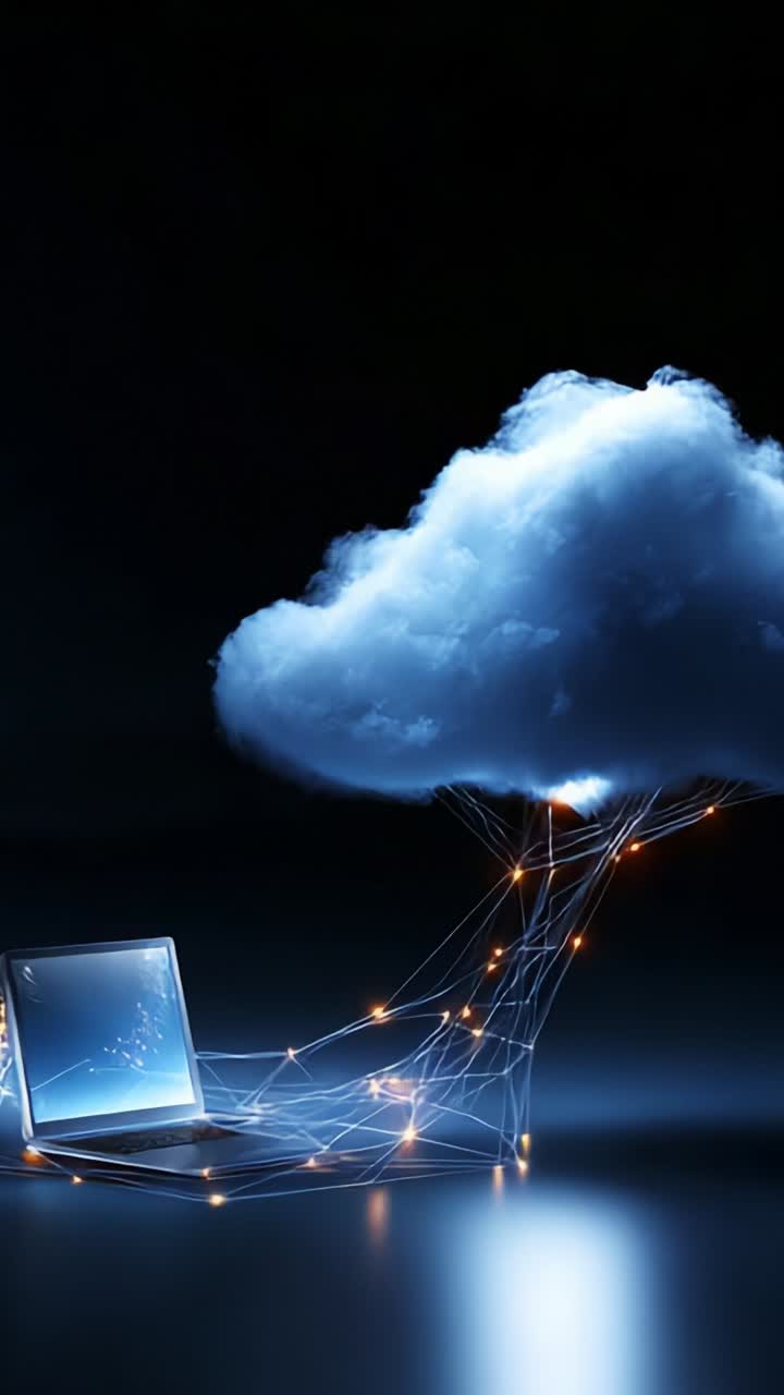 A futuristic representation of cloud technology featuring a laptop connected to a glowing cloud through intricate lines of light symbolizing digital data transfer