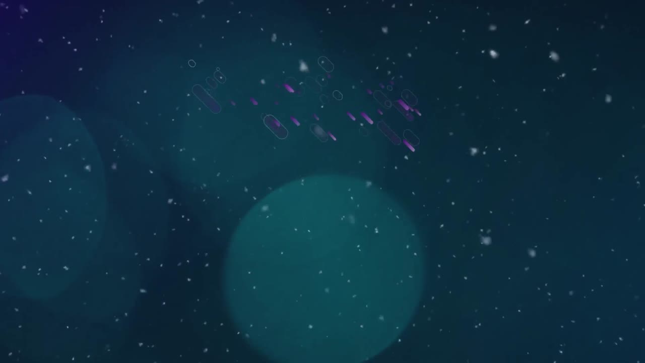 Animation of blue spotlights, snow falling and purple light trails on blue background