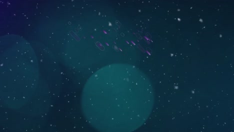 animation von blauen scheinwerfern, fallendem schnee und lila lichtspuren auf blauem hintergrund
