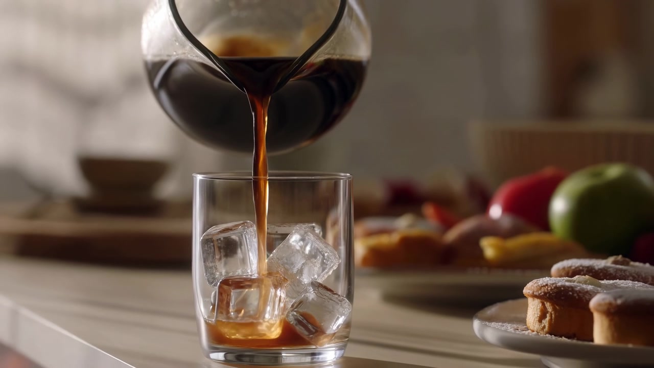 Un flusso continuo di caffè freddo scuro si versa da una caraffa di vetro arrotondata in un bicchiere alto e trasparente riempito con grandi cubetti di ghiaccio sfaccettati su un bancone da cucina in legno, creando riflessi lucidi e