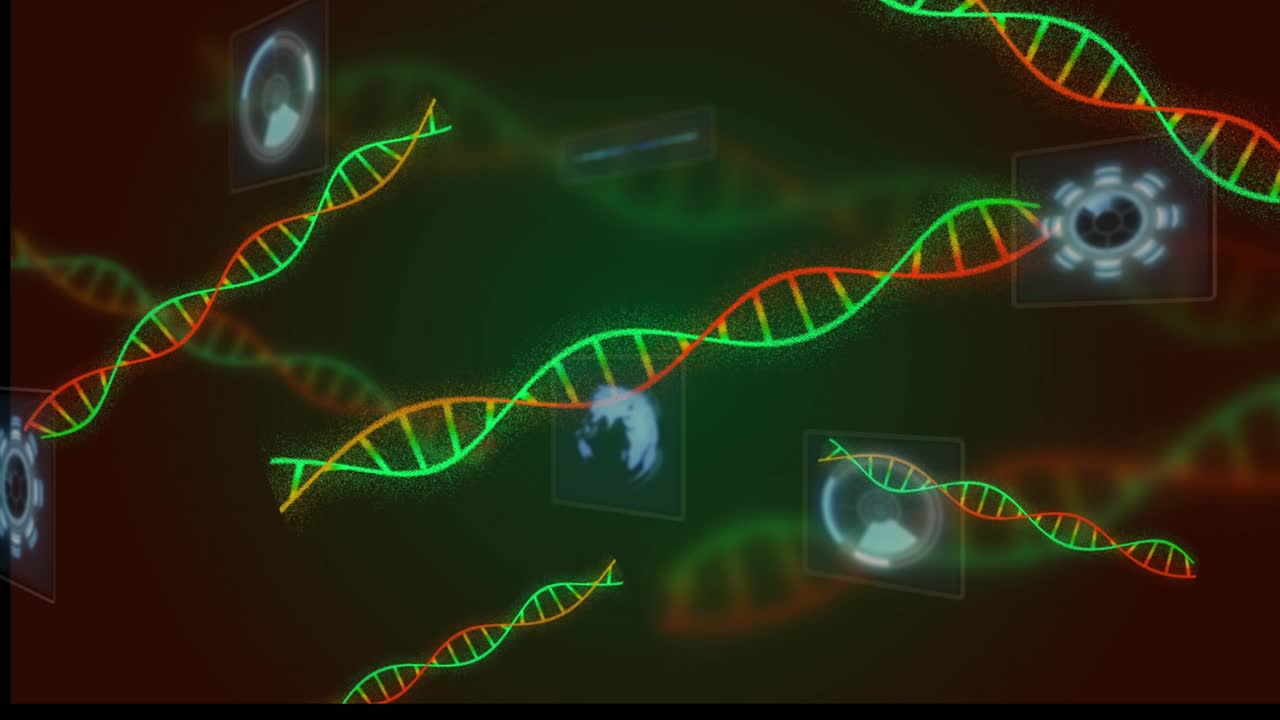 Drifting DNA helices initiating translucent data icons fading and shifting into science dashboard