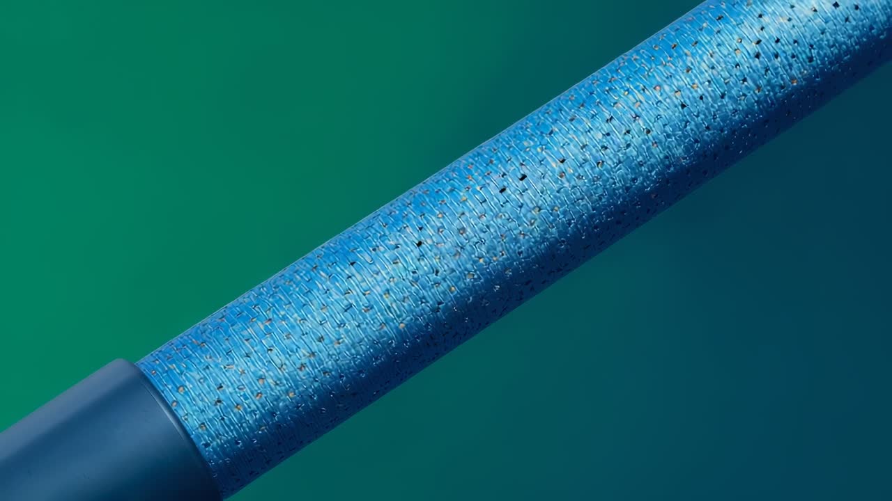 Pulling focus, camera revealing blue textured handle in studio to show foam detail, end cap