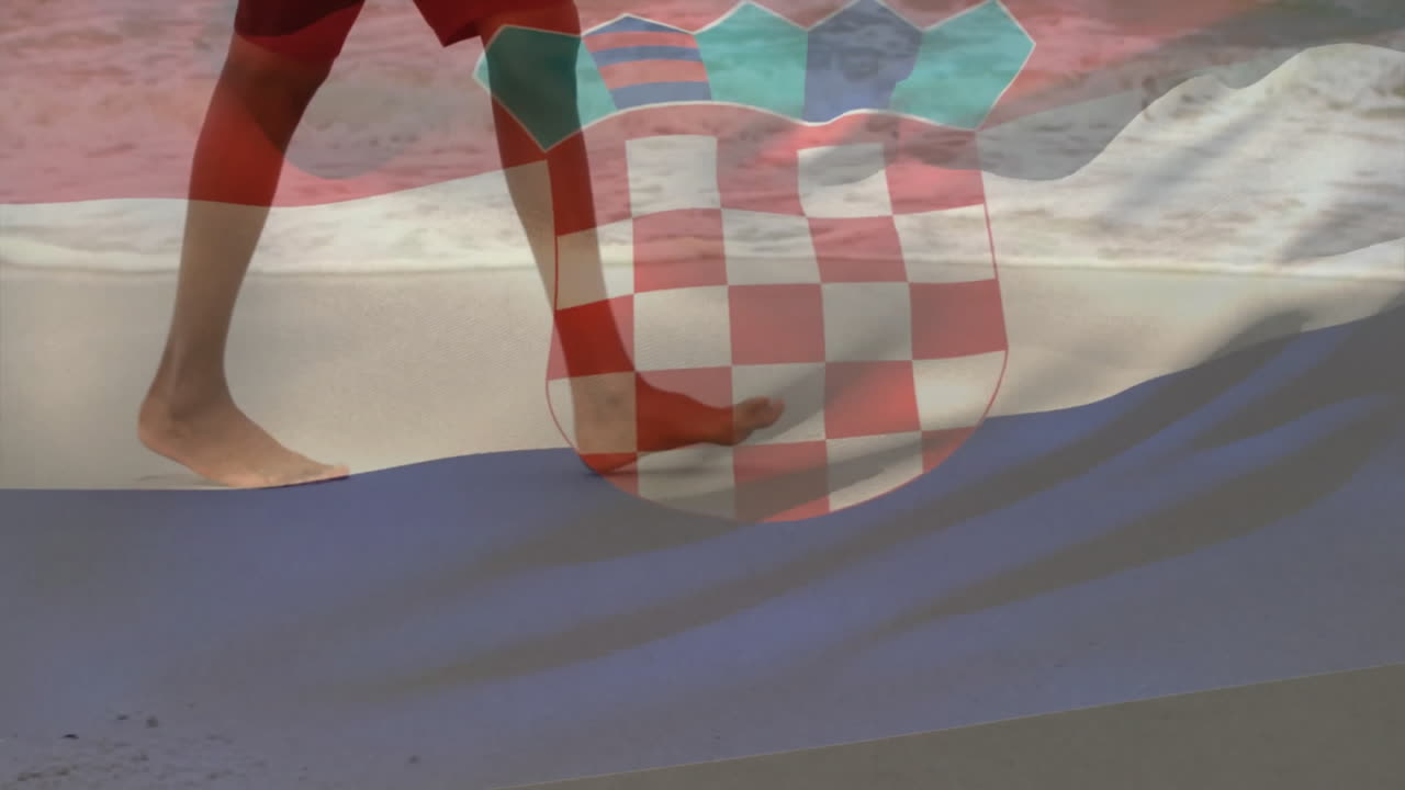 Walking on beach, person with Croatian flag overlay animation in background