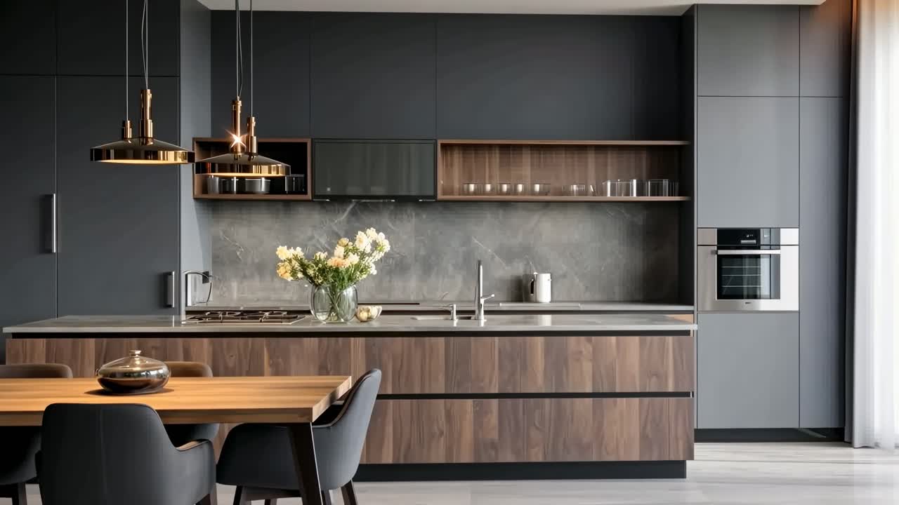 Cucina moderna con mobili eleganti e luci a sospensione, ripresa da un angolo frontale