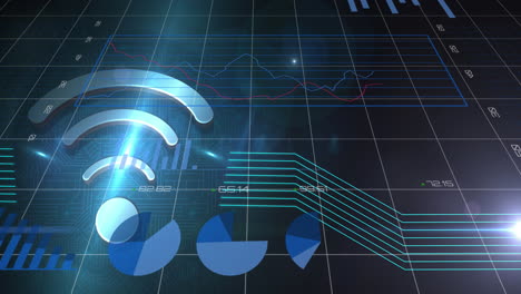 animation of wifi icon with graphs moving on a screen over a grid