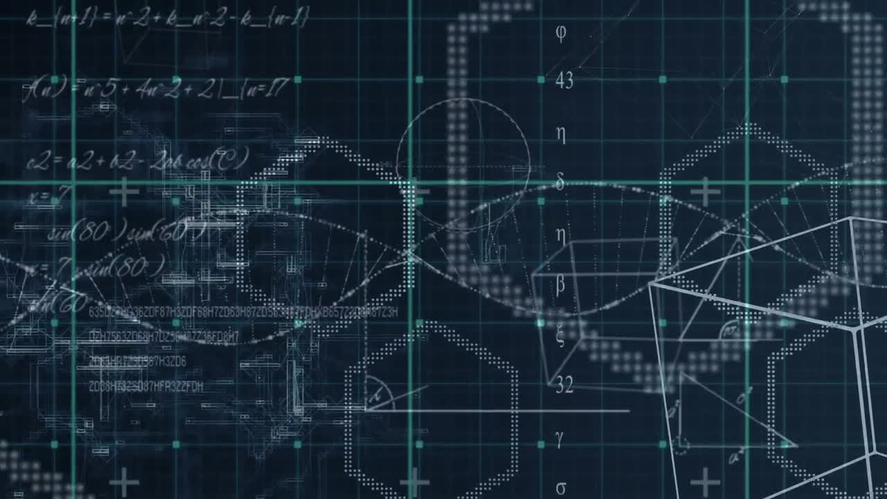 Animation of blue grid over equations and geometric shapes and processing data, on black