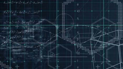 animación de la cuadrícula azul sobre ecuaciones y formas geométricas y procesamiento de datos, en negro