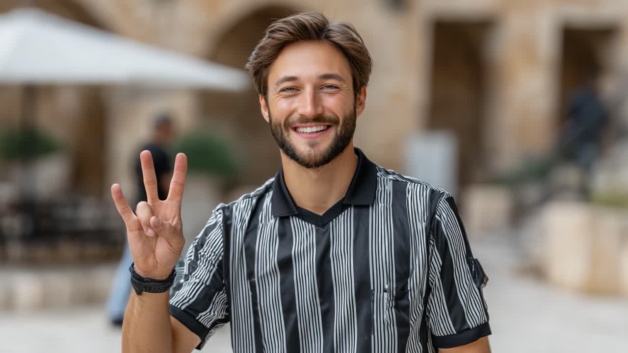 Uomo Allegro che Fa il Segno della Pace con una Camicia a Righe Casual, Catturando Momenti di Gioia in un Contesto Esterno
