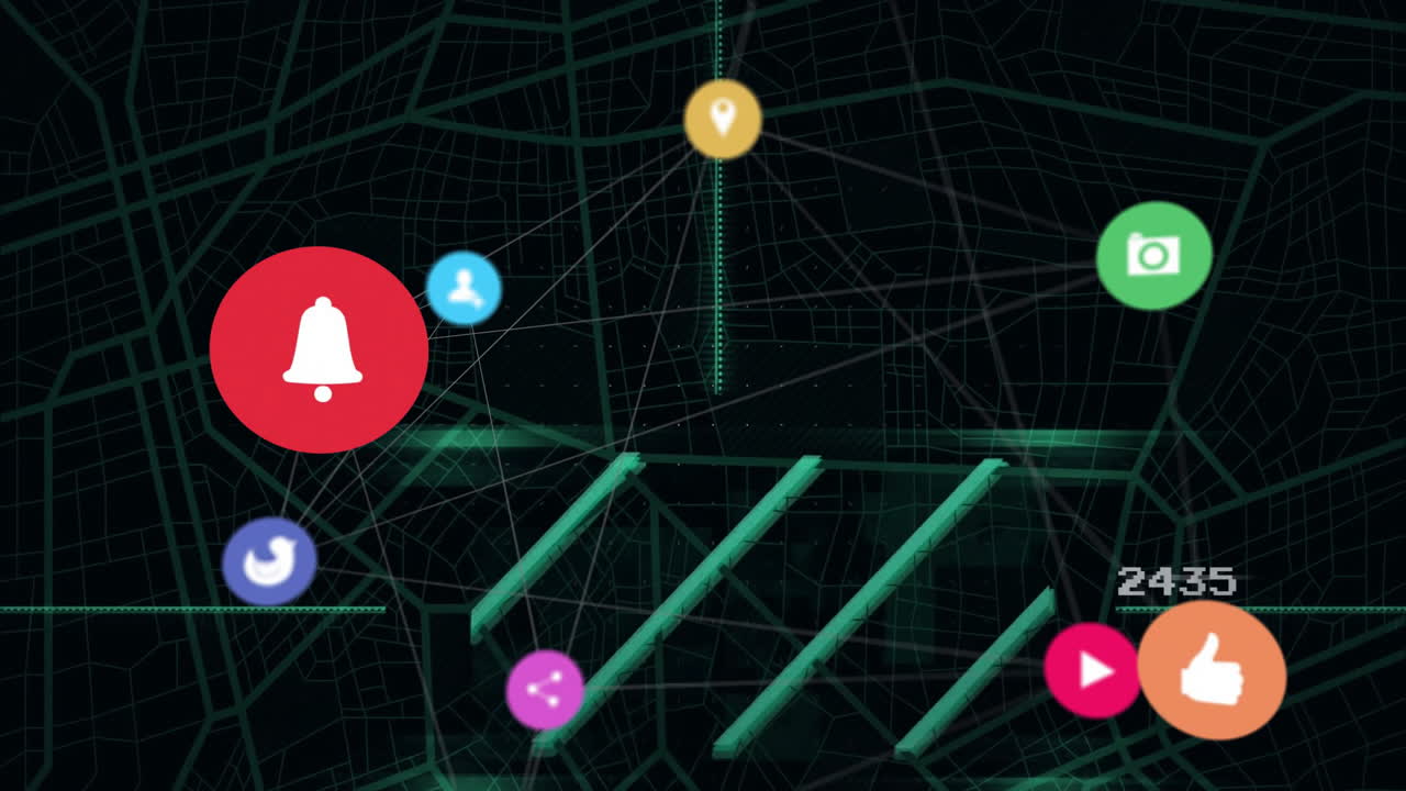 Animation of digital map interface with notification icons over grid lines