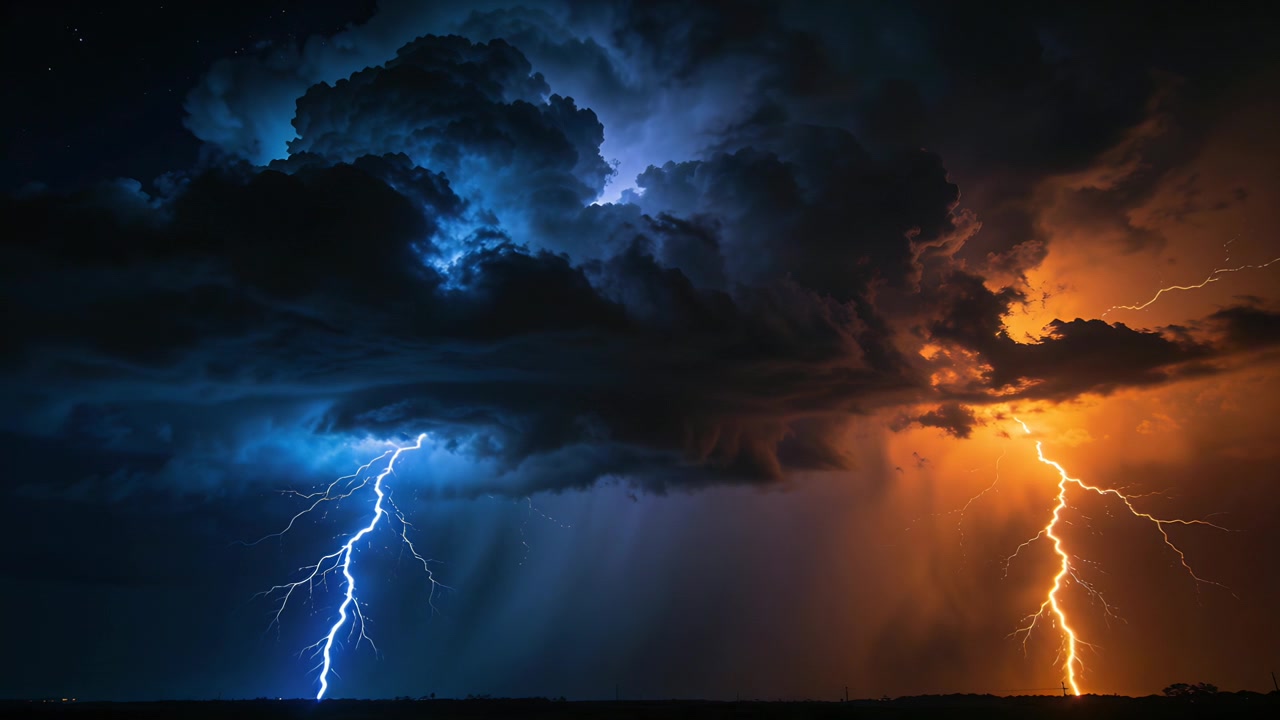 Impressionanti fulmini blu e arancioni illuminano nuvole temporalesche su una pianura di notte, rivelando la pioggia.