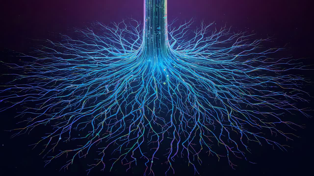 Pulsing central trunk channeling light particles down into blue filaments, purple backdrop