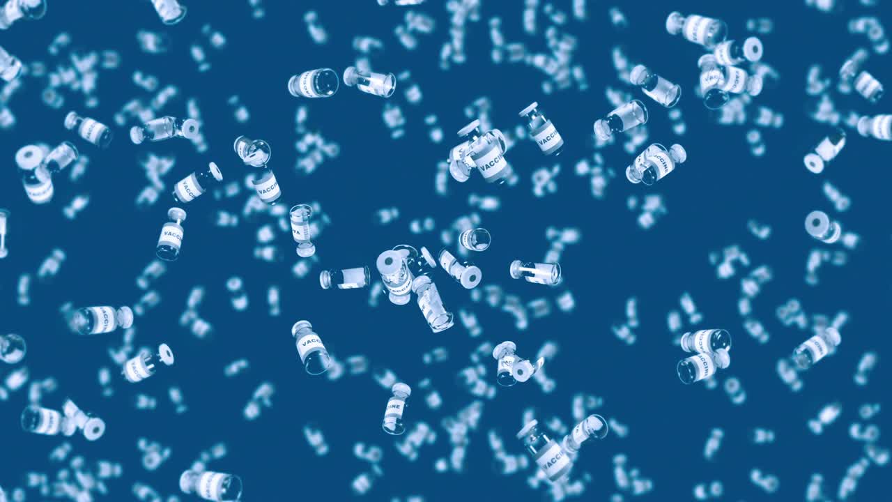 파란색 배경에 많은 백신 병을 날려. 의학 개념. 바이러스 치료. 투명한 액체. 백신의 3d 루프 애니메이션.