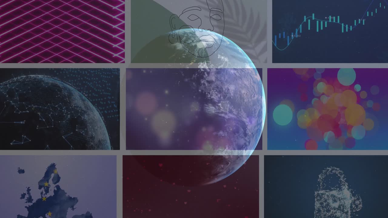 animación de procesamiento de datos y pantallas digitales en todo el mundo