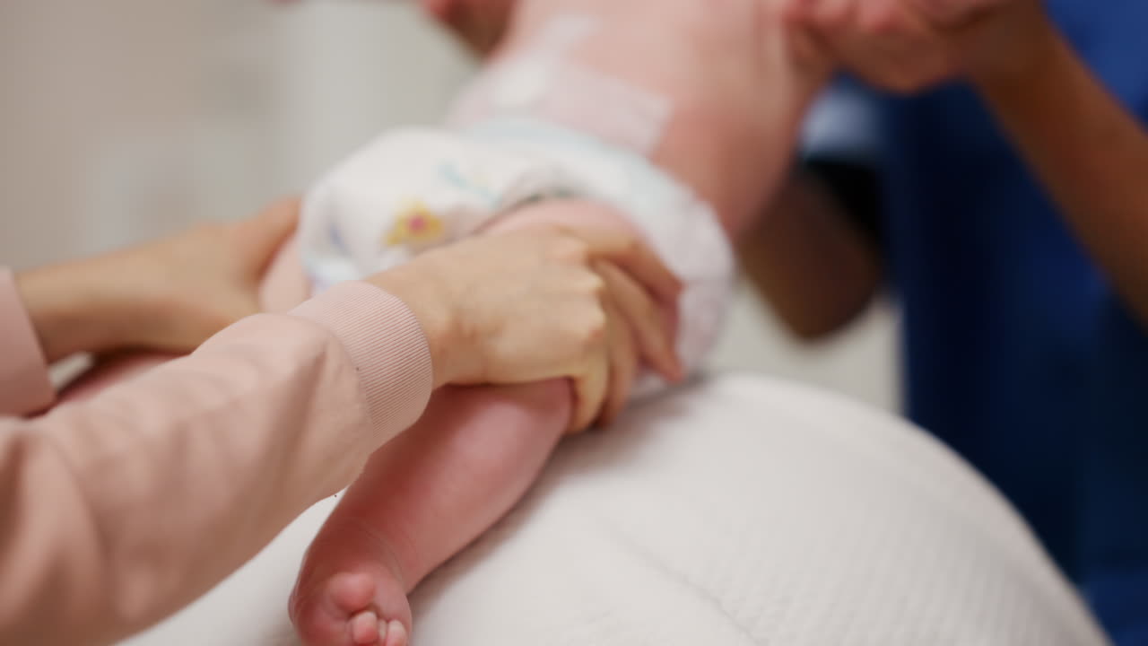 Baby placed on a stability ball while adults support the infant's body