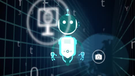 robot animation over digital icons and binary coding background