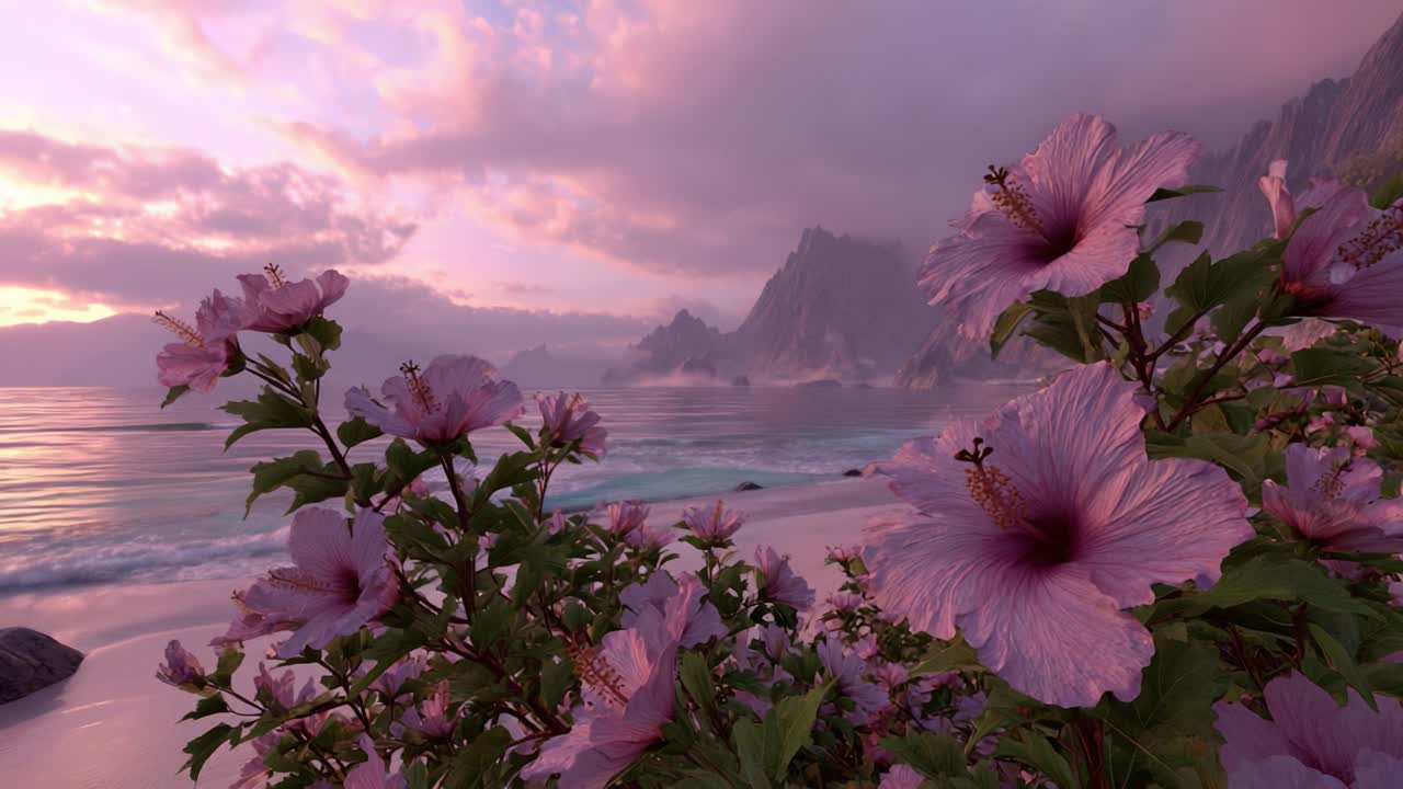 A Breathtaking Display of Vibrant Hibiscus Flowers Framing a Serene Beach Landscape at Dusk, Capturing the Tranquility of Nature's Splendor