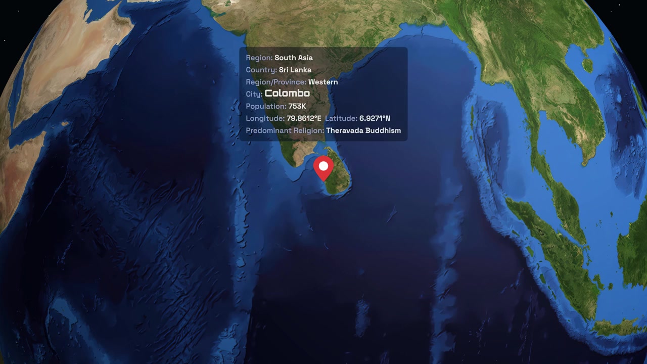 Digital earth rotates and zooms from space to Colombo Sri Lanka with informational data overlay