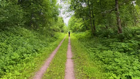 radfahrerin folgt einer frau, die mit dem fahrrad auf einem waldweg radelt