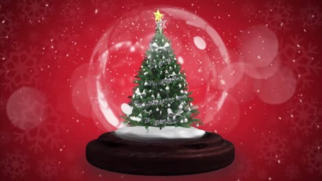 Snow-falling-and-shooting-star-spinning-over-christmas-tree-in-a-snow-globe-against-red-background