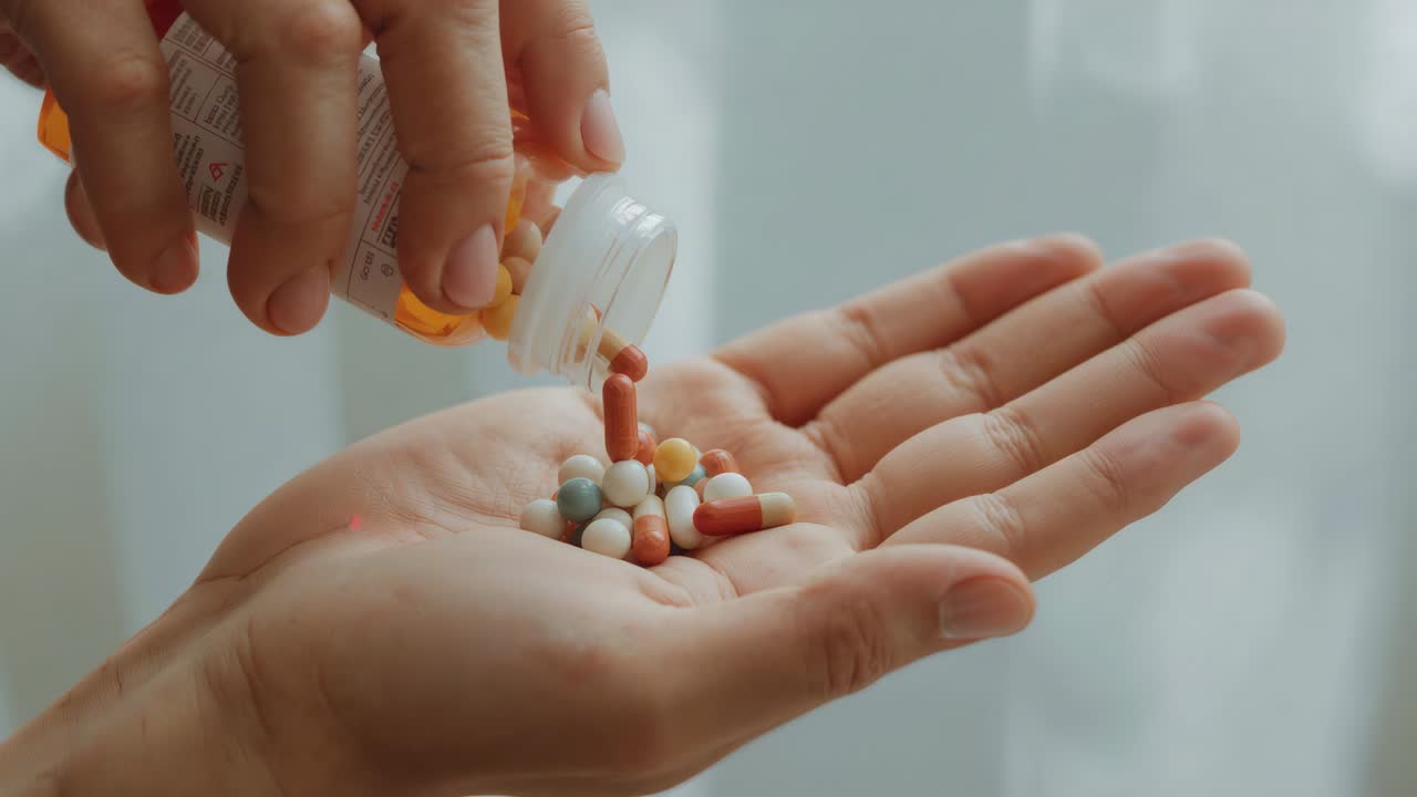 Orang yang memiringkan badan menuangkan pil ke telapak tangan di dekat jendela, menggunakan botol oranye untuk obat