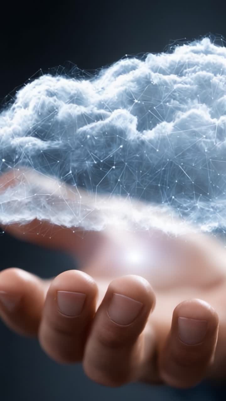 Ruka natahuje k vznášejícímu se mraku digitální energie, symbolizující průsečík technologie a představivosti s tajemnou září pod povrchem.