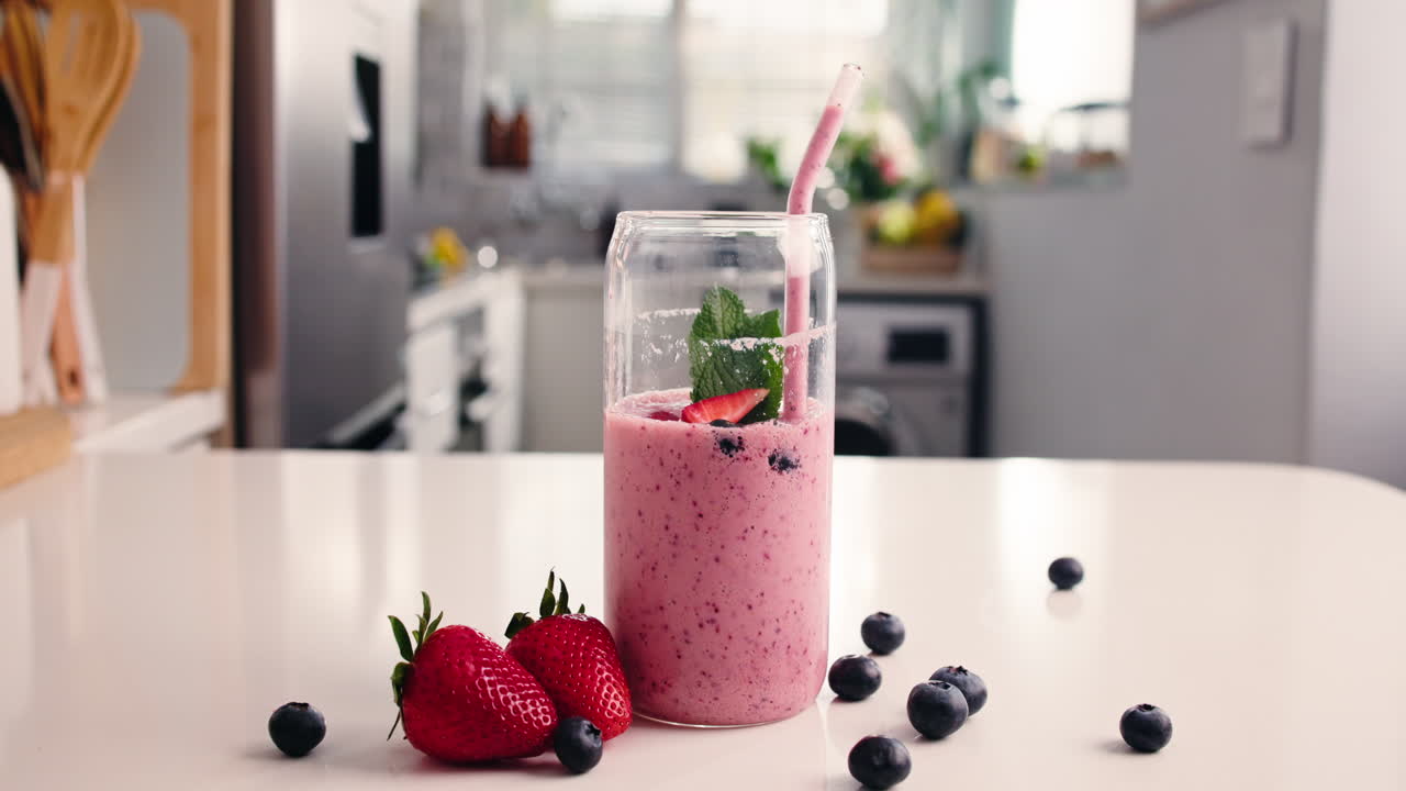 Batido de frutos rojos recién hecho llenando un vaso en la encimera de una cocina