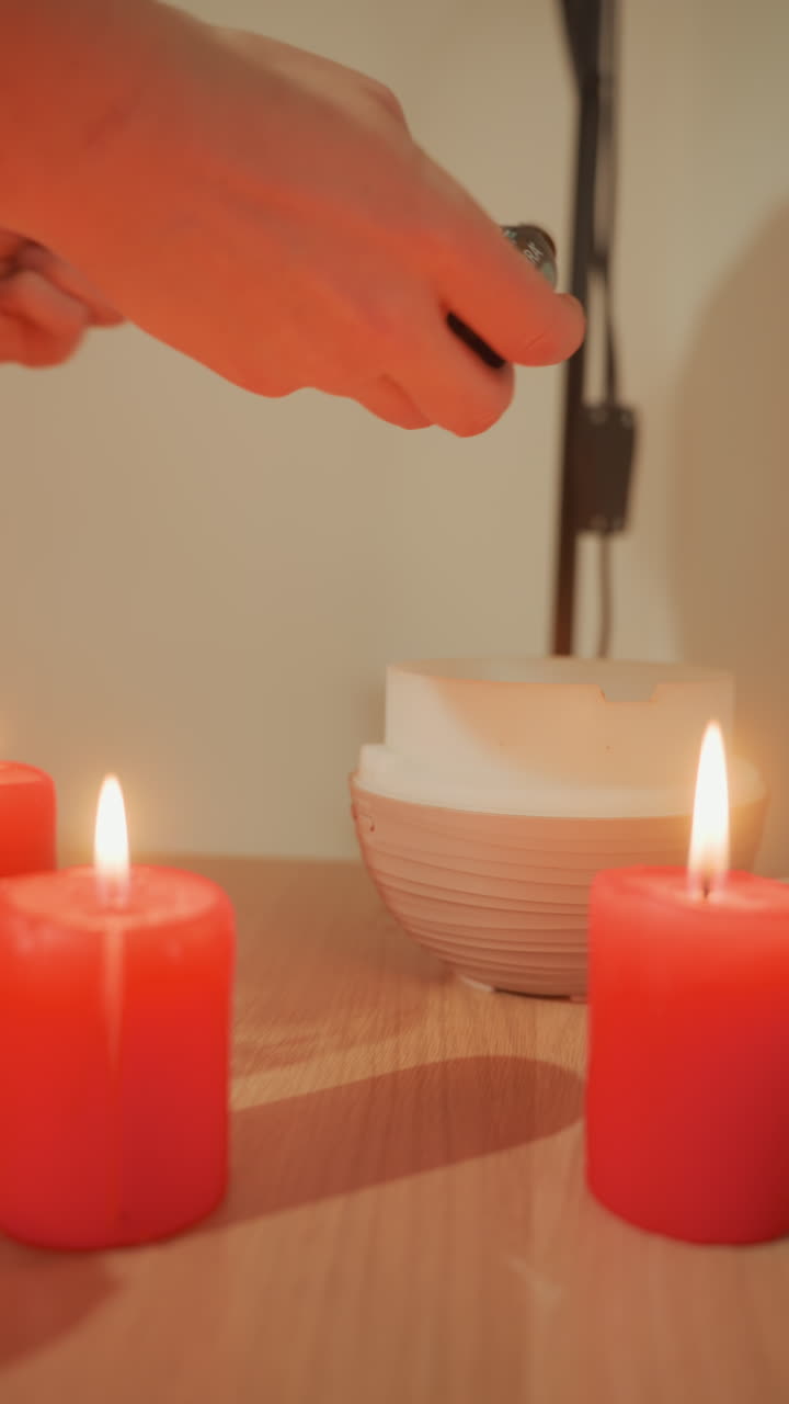 Røde stearinlys og keramikskål med salt, fokuseret spa-forberedelse, hvor hænder drysser mineraler eller eksfolierende middel i keramikskålen og placerer den ved siden af tændte stearinlys og en diffuser på et træbord, nærbillede af den omhyggelige proces