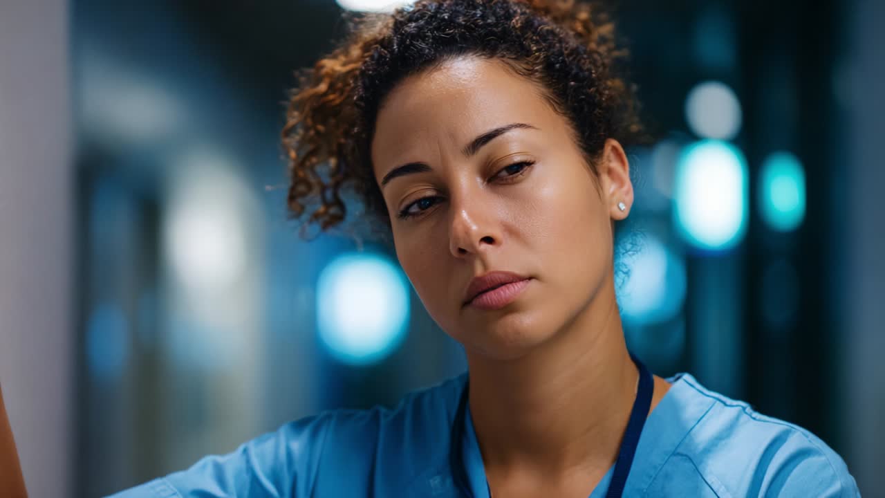 Infermiera premurosa che riflette sulle sue responsabilità in un ambiente clinico, catturata in due immagini, che mostrano emozione e dedizione alla cura del paziente in una struttura medica