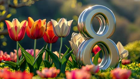 metallic number 8 amidst vibrant spring tulips