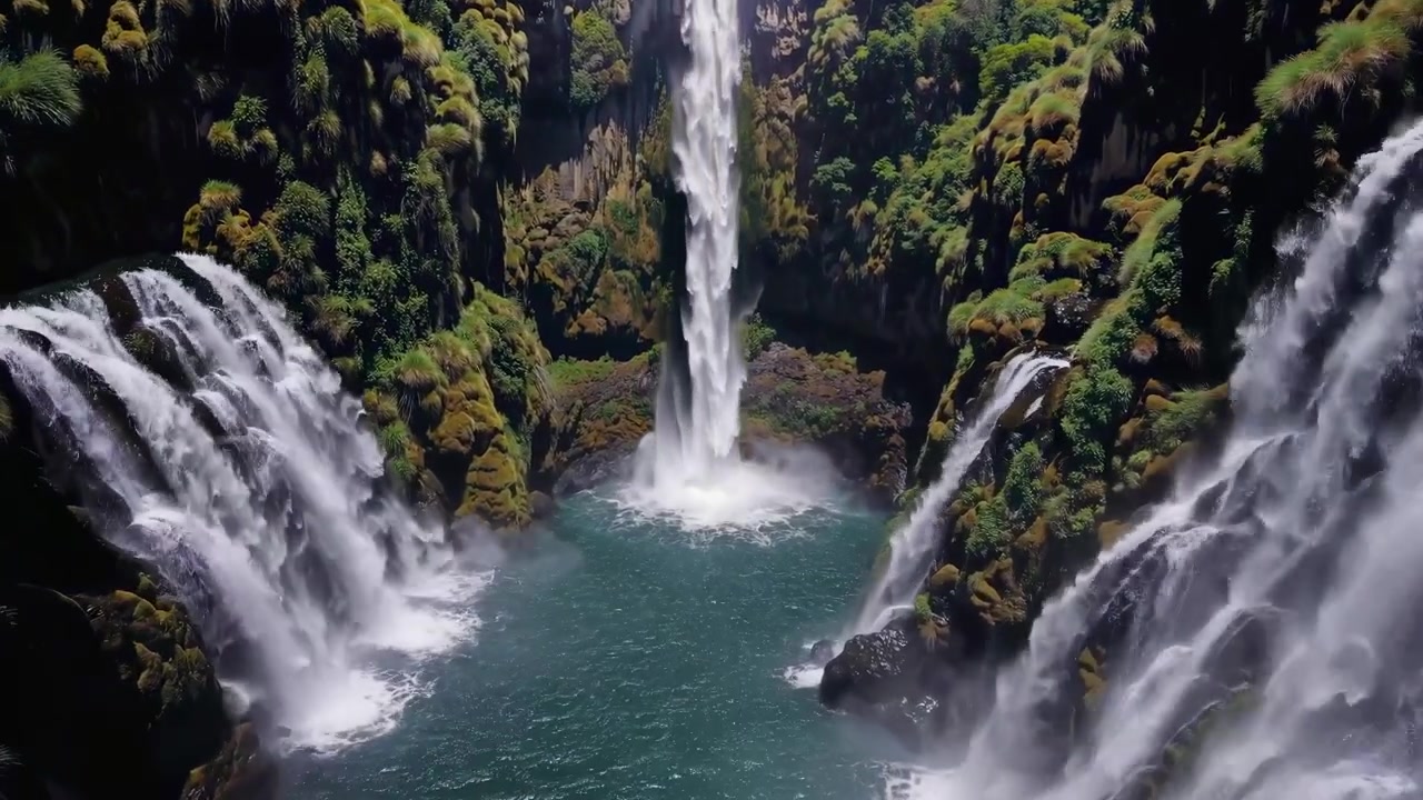 Majestuosas cascadas cayendo en una poza turquesa en un frondoso bosque.