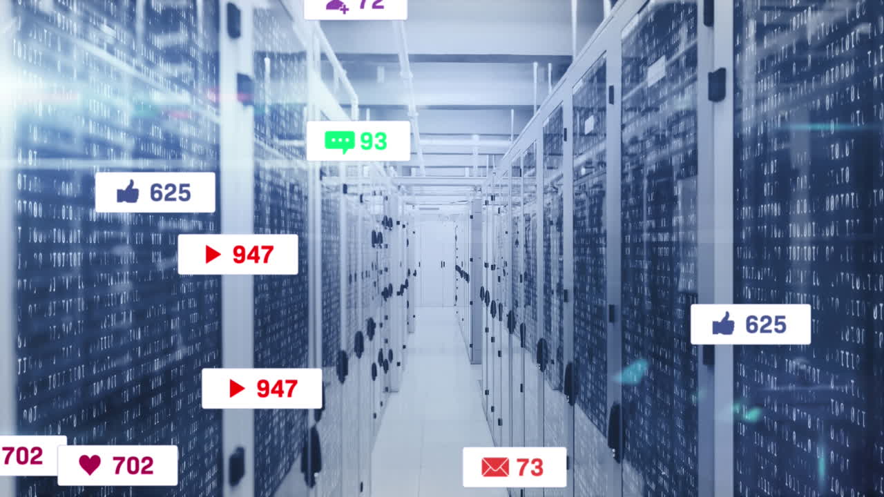 컴퓨터 서버를 통해 배너에 있는 소셜 미디어 아이콘과 숫자의 애니메이션