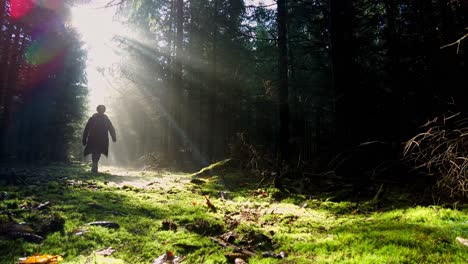 Bodenaufnahme-Einer-Person,-Die-Einen-Mantel-Trägt,-Der-Vor-Dem-Sonnenlicht-Im-Grünen-Wald-Läuft