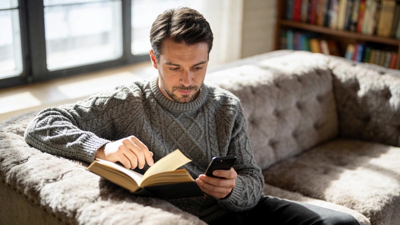Un homme en pull gris et pantalon foncé lit, feuilletant un livre de poche tout en consultant son téléphone, assis sur un canapé près de la fenêtre.