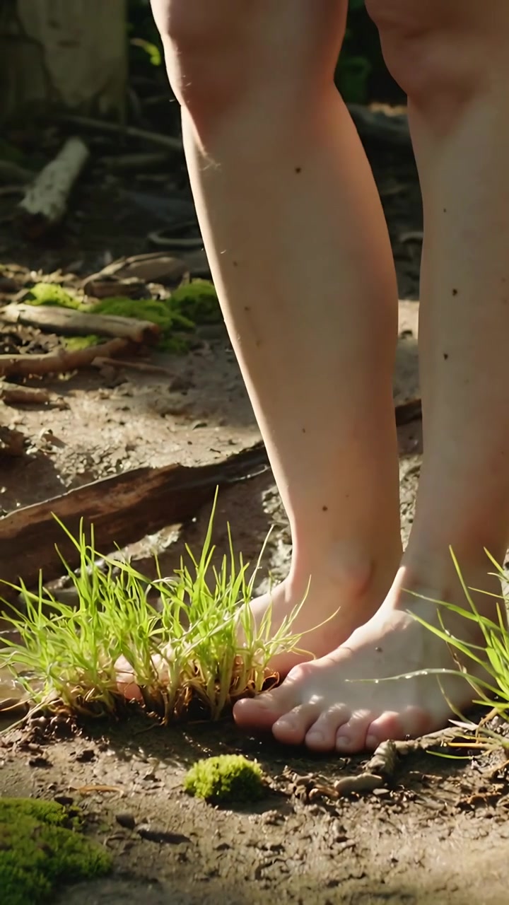 Vertical video: Shifting weight bare feet lifting heel, flexing toes for balance in woods on moss
