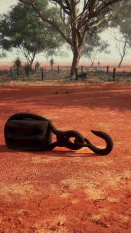 rusty hook and chain on red dirt