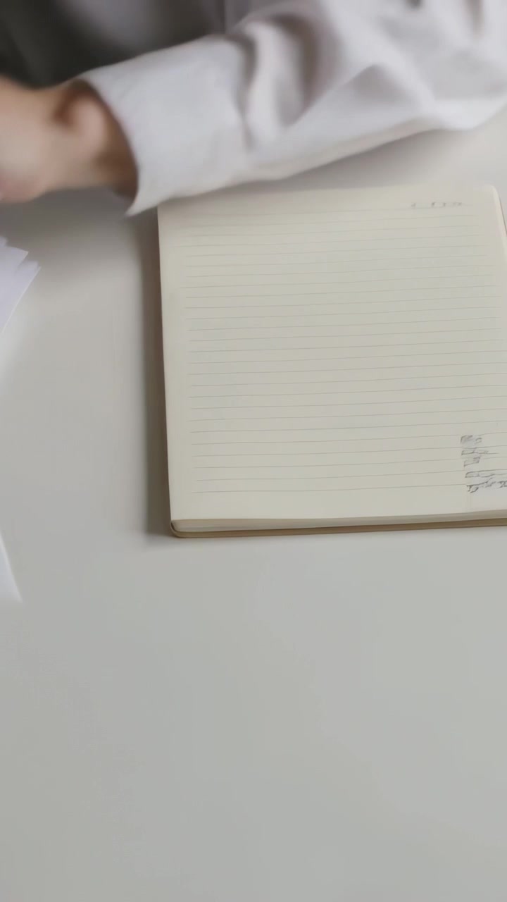 Vertikal video: Rekkende hender i hvit skjorte flytter ark på skrivebord, plasserer linjert blokk og merker.