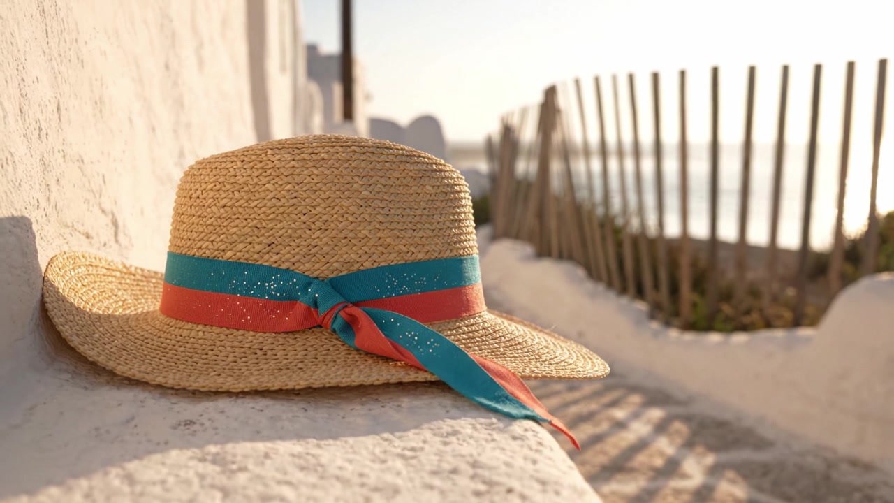 Un bellissimo cappello di paglia con un nastro colorato appoggiato su un muro bianco con una vista panoramica sullo sfondo all'ora d'oro, in riva al mare.