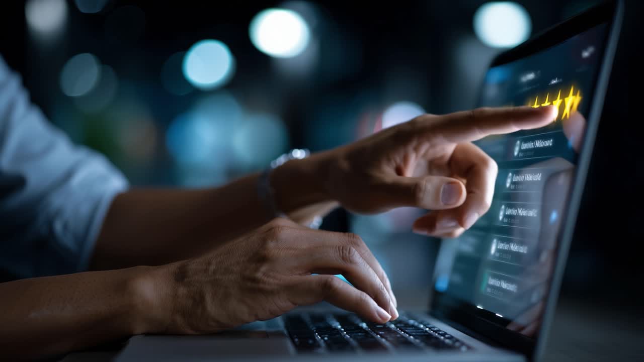 User Interaction with Digital Interface on Laptop, Focusing on Rating System and Review Selection in a Dimly Lit Environment with Bokeh Background Effect