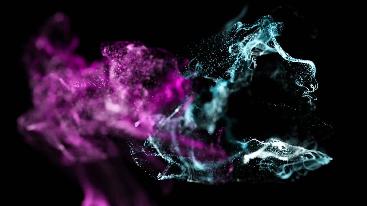 Animation of pink and blue particles moving on black background