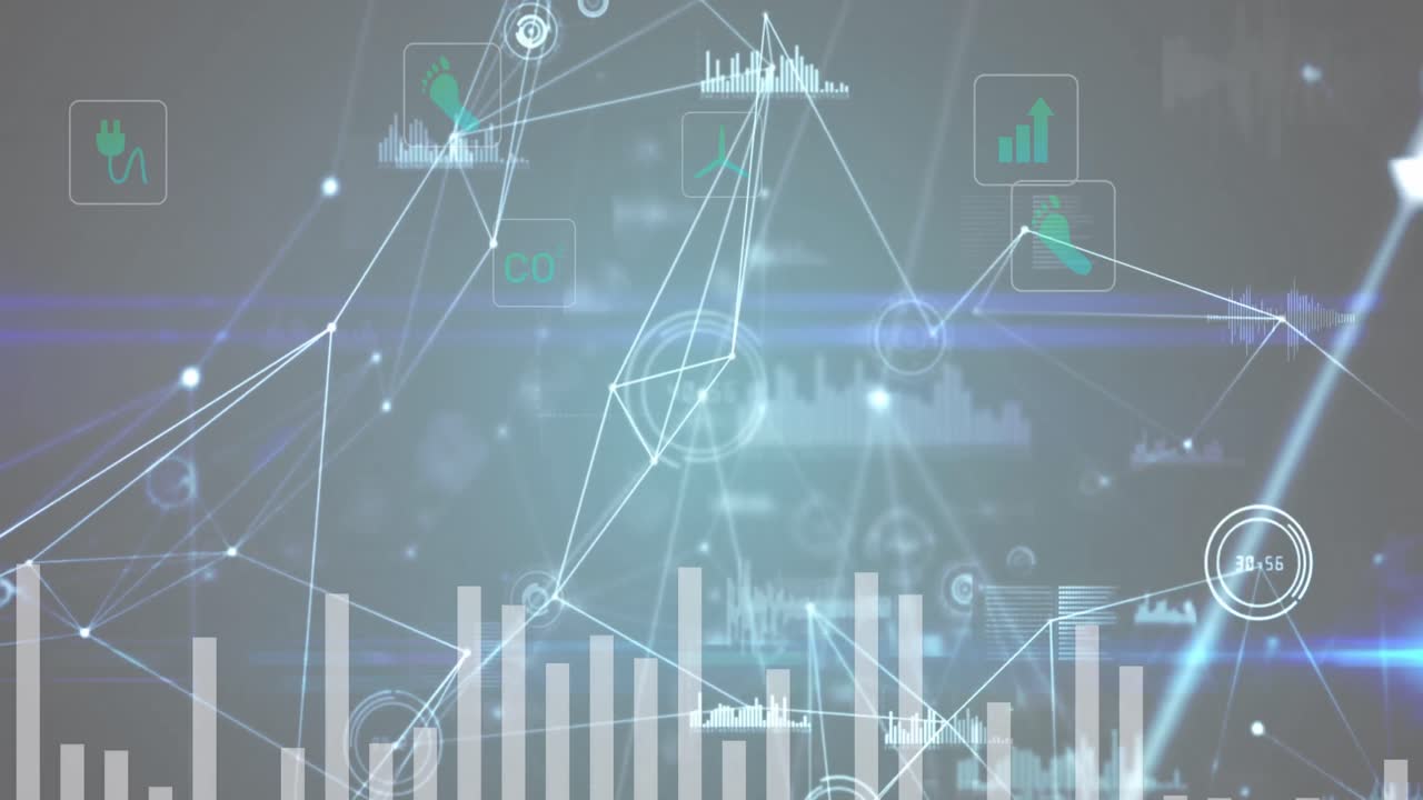 Animation of network of connections and data processing against digital icons on grey background