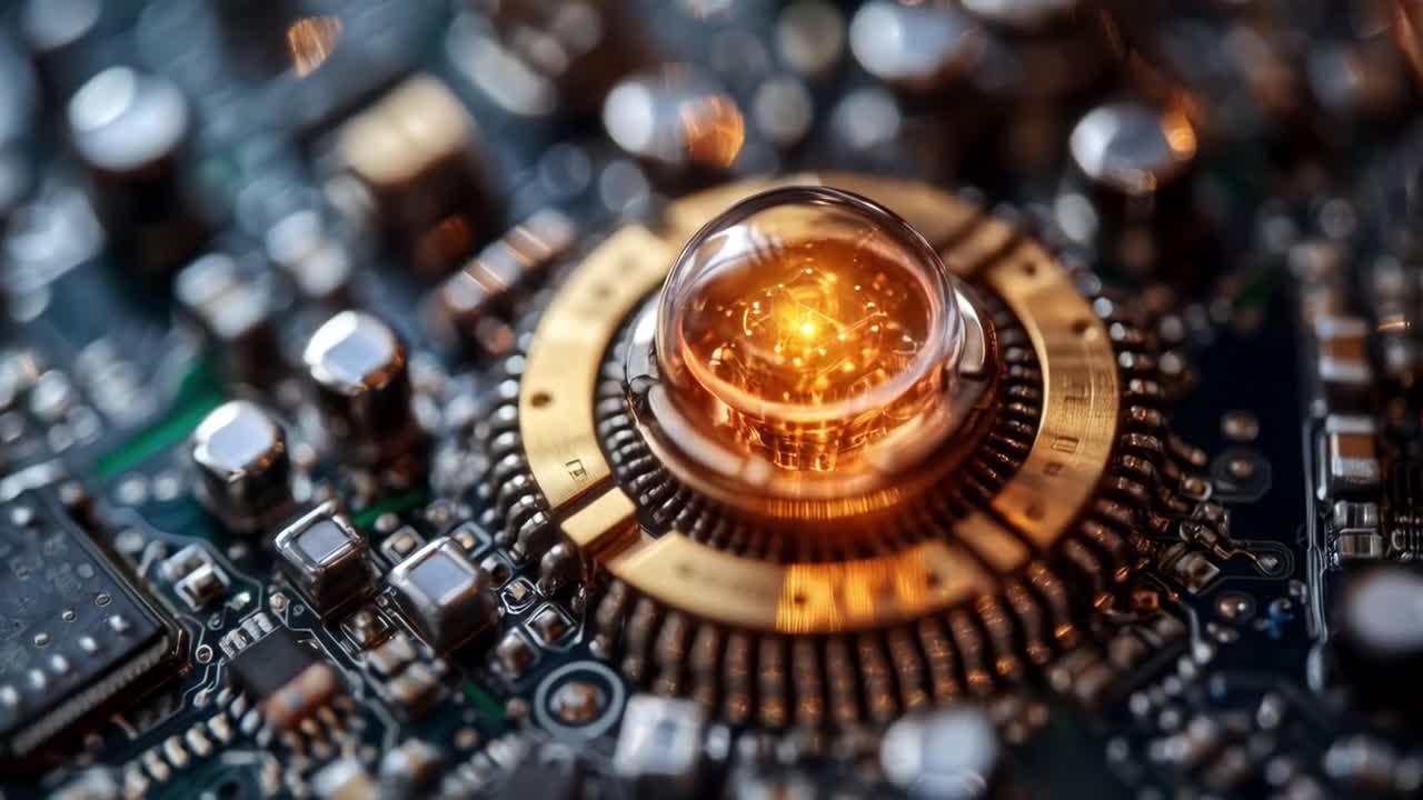 Close-up of a complex circuit board with glowing microchip