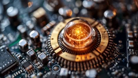 close-up of a complex circuit board with glowing microchip