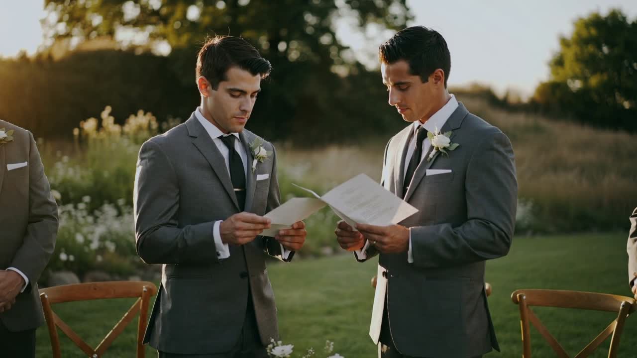 Reading papers, two men in grey suits responding to ceremony cue in garden for wedding vows