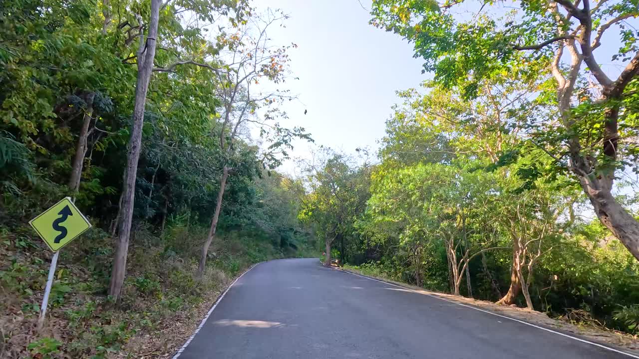 A serene drive through Chonburi's verdant roads, capturing lush greenery and a tranquil atmosphere under soft daylight