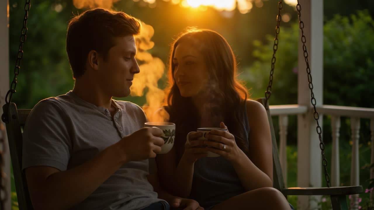 Couple Enjoying Coffee on a Porch Swing at Sunset