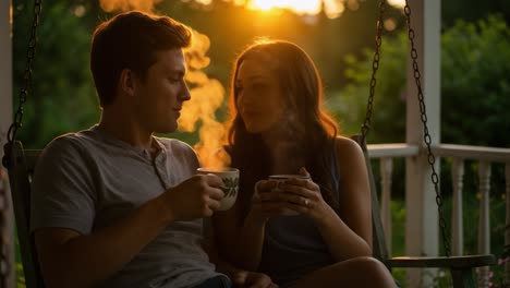 couple enjoying coffee on a porch swing at sunset