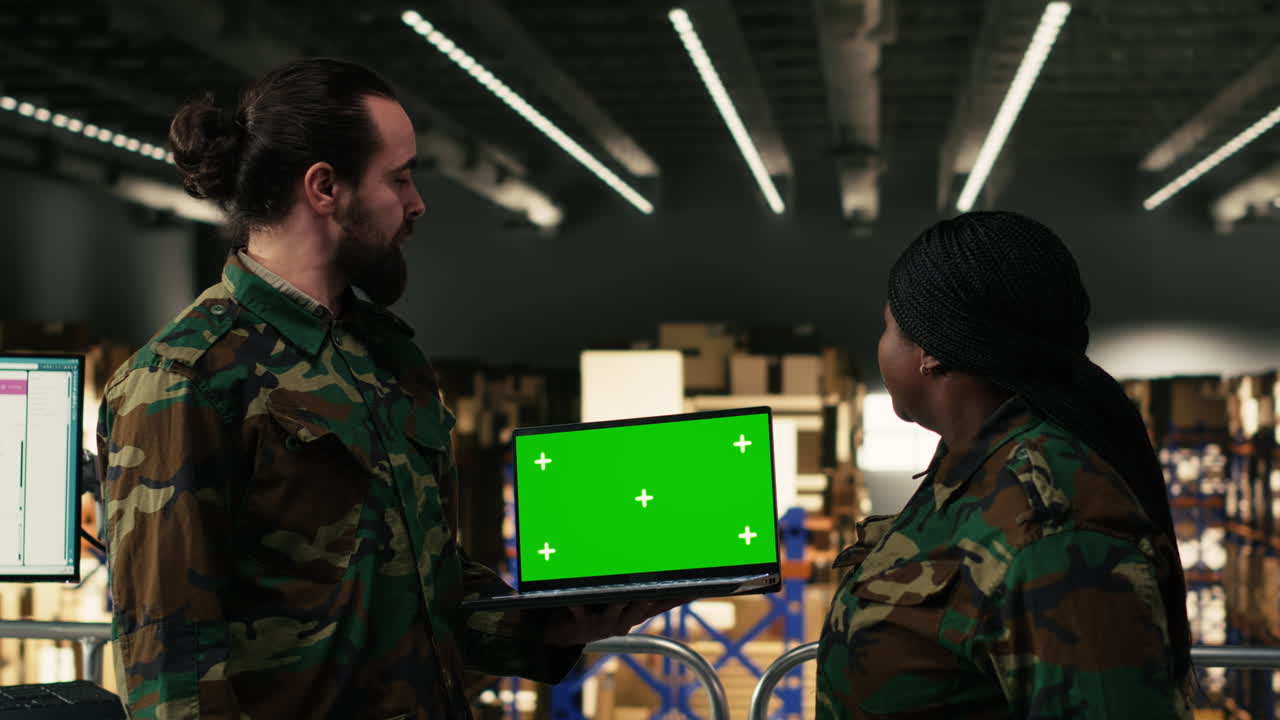 Personale militare che discute informazioni su un portatile con schermo verde in un magazzino