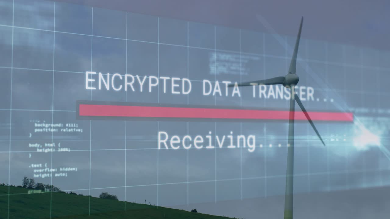 Wind turbine rotating on hill, hologram interface appearing and showing encrypted transfer progress